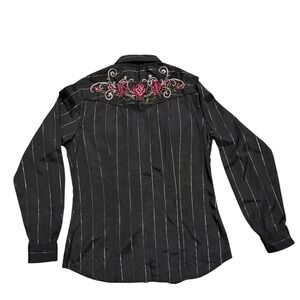 Roper Women's Black Metallic Stripe Rose Embroidered Western Shirt Size S